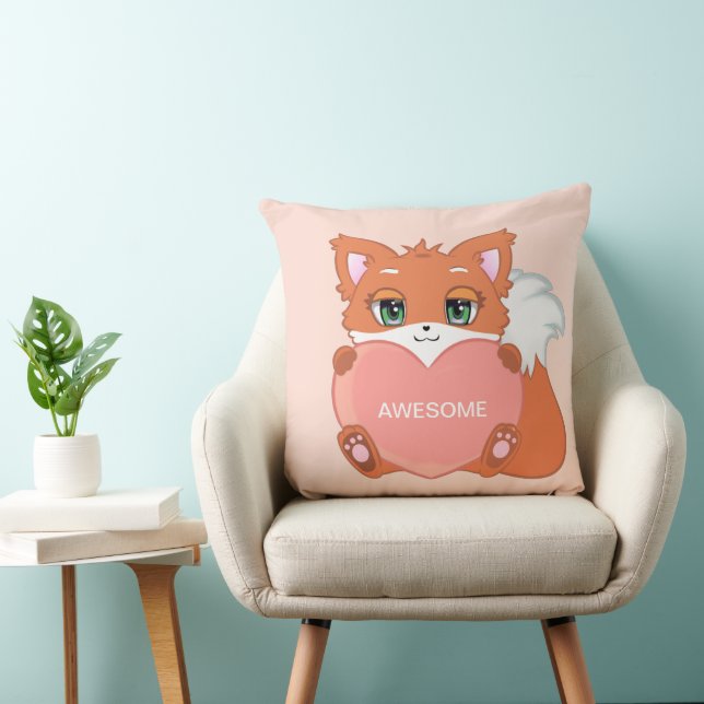 Renard mignon sur un coussin décoratif rose corail (Chaise)