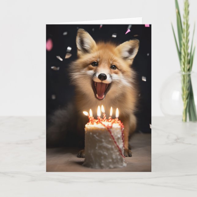 Renard rouge avec gâteau d'anniversaire - Carte (Devant)