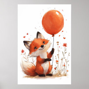 Renard rouge Whimsical avec Poster Balloon Orange