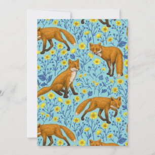 Renards et boutons d'or sur fond bleu piscine