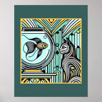 Rencontre Art Déco Chat et Poisson - Yeux curieux
