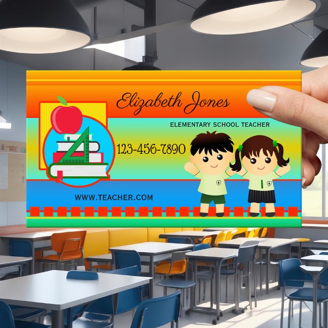 Rendez-vous Carte de visite d'enseignant de l'école élémentair (Business card in bold colors with kids - primary school or elementary teacher - colorful - whimsical)