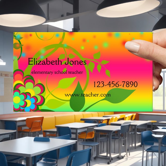 Rendez-vous Carte de visite d'enseignant d'école élémentaire c (Business card featuring a colorful fun design with flowers and neon light sparkles - elementary)