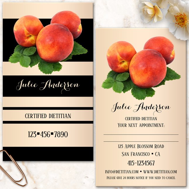Rendez-vous Carte de visite diététiste nutritionniste (Nutritionist business card featuring a striped design in black and light rose gold with peaches)