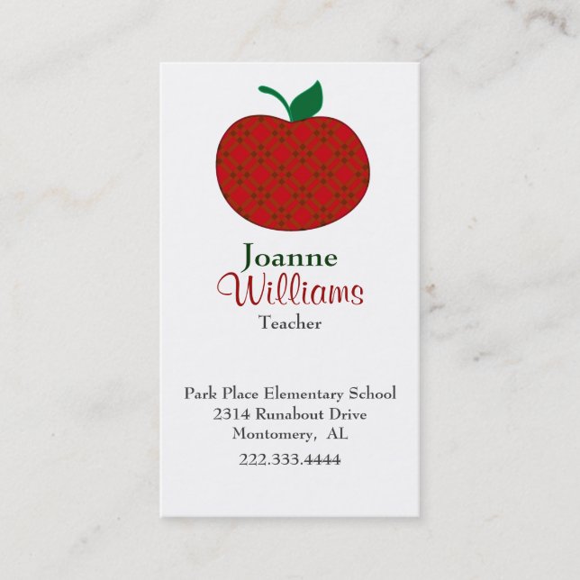 Rendez-vous Carte de visite enseignant élégant à pomme rouge (Devant)