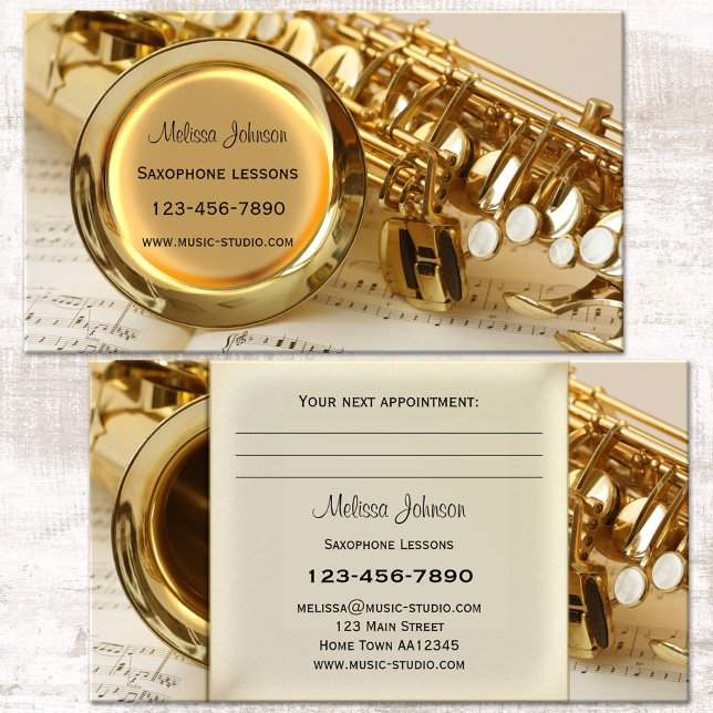 Rendez-vous Carte de visite pour leçons de saxophone (Saxophone music teacher appointment business card featuring a saxophone in gold)