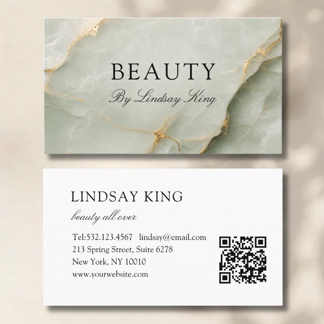 Rendez-vous Carte de visite QR Code au marbre vert sauge éléga (Elegant Sage Green Marble QR Code Business Card)