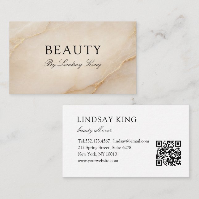 Rendez-vous Carte de visite QR Code en marbre beige élégant (Devant / Derrière)