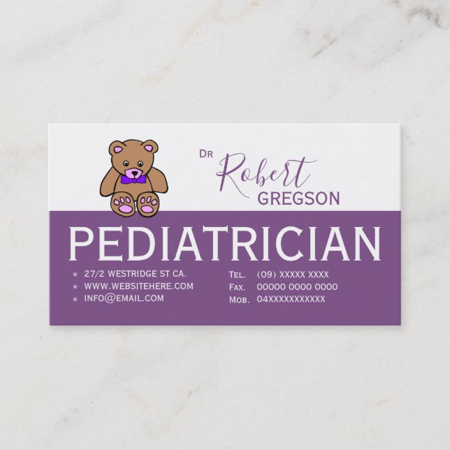 Rendez-vous Teddy Bear Purple Pediatrician Carte de rendez-vou (Devant)