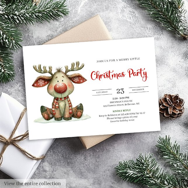 Renne excentrique invitation moderne de Noël à l'a (Quirky Reindeer modern watercolor Christmas invitation)