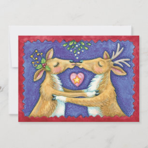 Renneaux de Noël, baiser sous le gui, carte de ren
