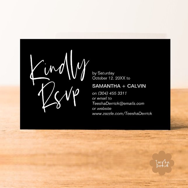 Répondre s'il vous plaît Carte d'invitation de mar (Kindly RSVP Modern Minimalist Wedding Dinner Invites Reminder Enclosed Card Phone Email Classy Black)
