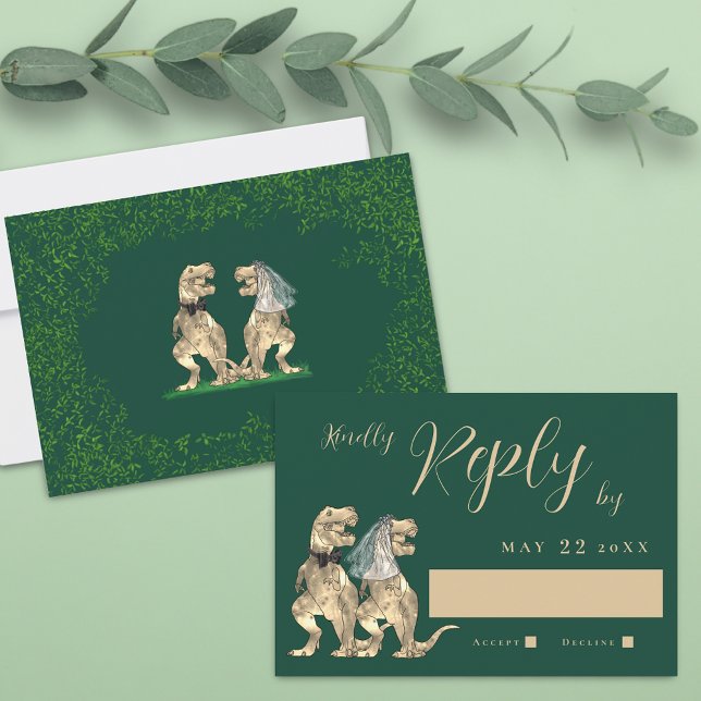 Réponse à un mariage sur le thème des dinosaures (T-Rex bride and groom funny dinosaur wedding rsvp card Watercolor eucalyptus foliage dark green )