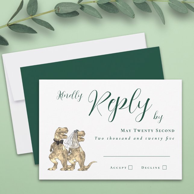 Réponse à un mariage sur le thème des dinosaures (Dinosaur theme dark green wedding invitation RSVP T-Rex dino bride and groom elegant script )