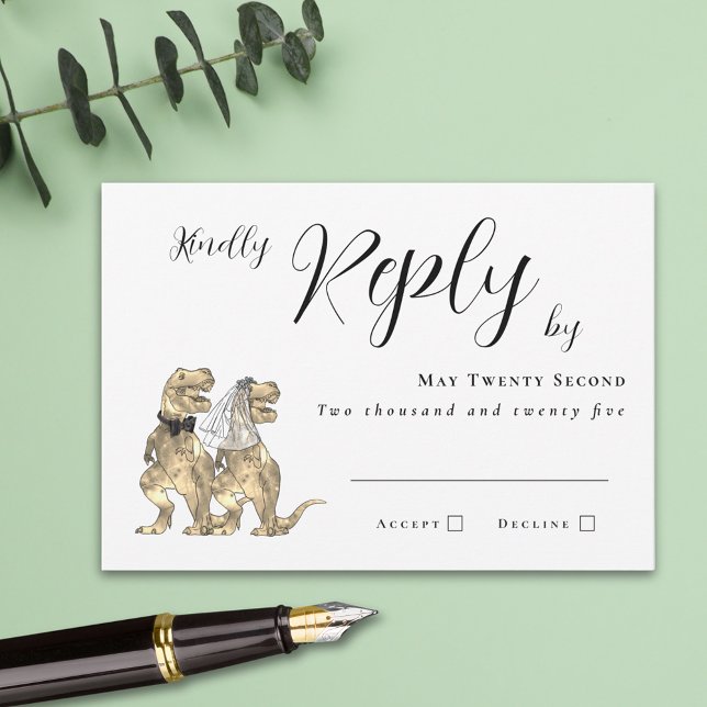Réponse à un mariage sur le thème des dinosaures (funny dinosaur wedding RSVP card T-Rex bride and groom modern elegant script simple minimalist )