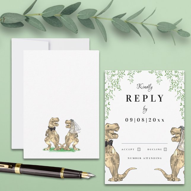 Réponse à un mariage sur le thème des dinosaures (Botanical dinosaur theme wedding invitation reply with watercolor eucalyptus T-Rex bride and groom )
