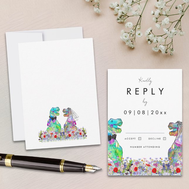 Réponse à un mariage sur le thème des dinosaures (Modern wildflower dinosaur theme wedding reply enclosure card)