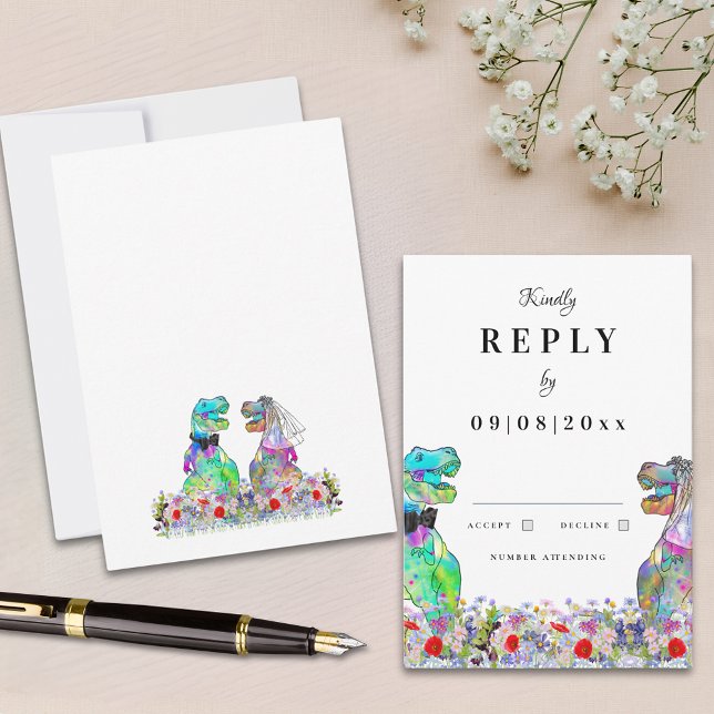 Réponse à un mariage sur le thème des dinosaures (Colorful wildflower dinosaur wedding reply enclosure card)