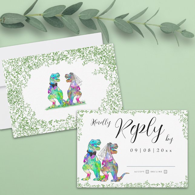 Réponse à un mariage sur le thème des dinosaures (Colorful dinosaur wedding rsvp enclosure card with T-Rex bride and groom and watercolor eucalyptus )