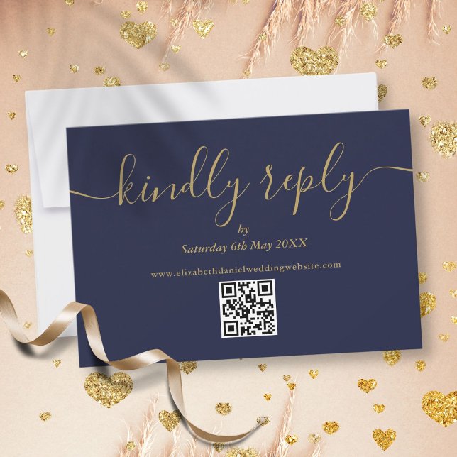 Réponse aimable élégante code QR or bleu marine éc (Navy Blue Gold QR Code Elegant Script Kindly Reply RSVP Card)