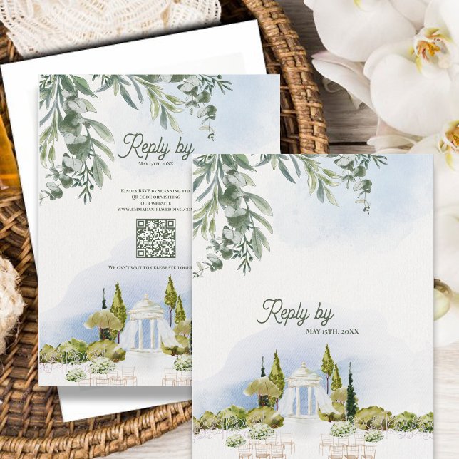Réponse au mariage au Pavillon du Jardin de la Pro (Estate Garden Pavilion Wedding RSVP Card with QR Code | Watercolor Garden Venue Reply Card)
