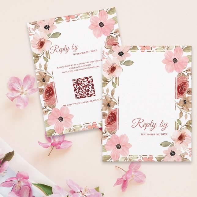 Réponse au mariage avec code QR floral rose fardée (Blush Pink Floral QR Code Wedding Reply By RSVP Card)