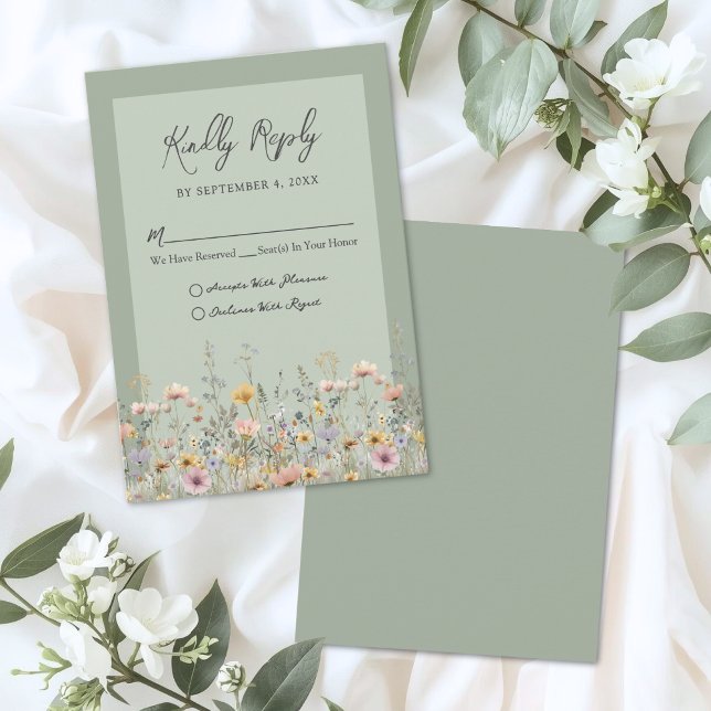 Réponse au mariage floral de fleurs sauvages vert  (Sage Green Wildflower Floral Wedding RSVP Card)