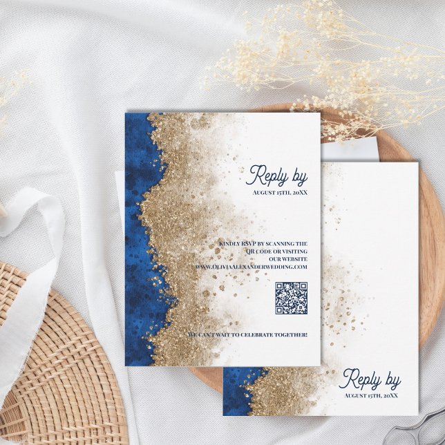 Réponse au mariage Royal Blue & Gold avec code QR (Royal Blue & Gold Wedding RSVP with QR Code | Modern Elegant Response Card)