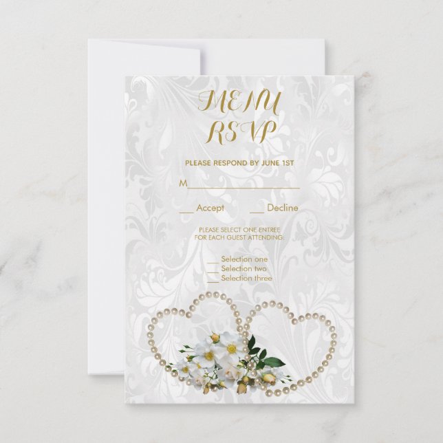 Réponse au menu de mariage damassé Pearl Hearts &  (Devant)