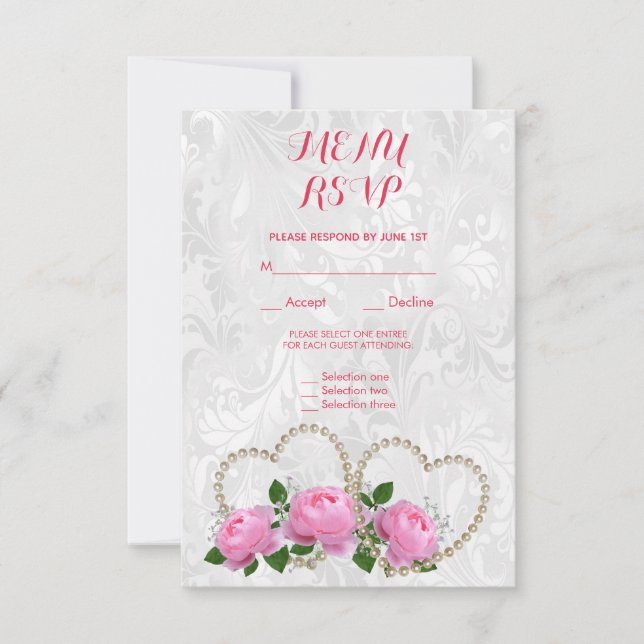 Réponse au menu de mariage damassé Pearl Hearts &  (Devant)