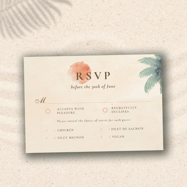 Réponse au repas de mariage Rivage côtier à patine (vintage coastal wedding invitation soft orange teal waves watercolor palm elegant patina)