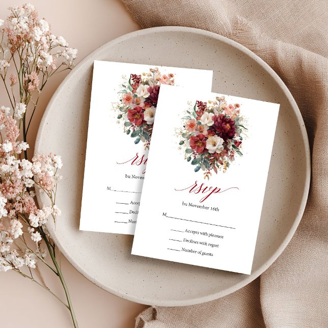 Réponse automnale boho burgundy fleurs Marsala ver (Fall Boho Burgundy Flowers Marsala Greenery RSVP)