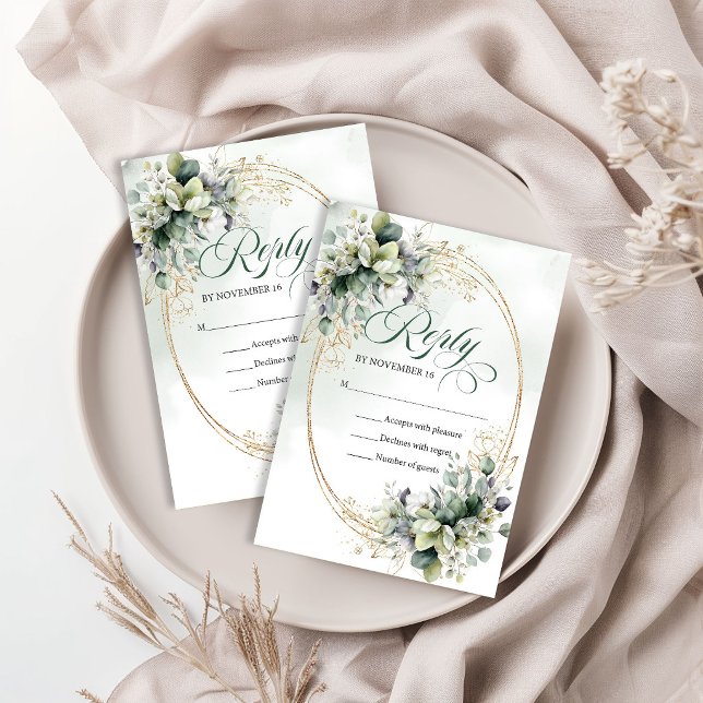 Réponse de mariage à la feuille d'or de verdure à  (Watercolor Greenery Gold Foliage Wedding Reply RSVP Card)
