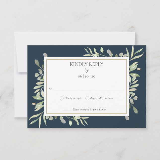 Réponse de mariage à l'aquarelle de verdure bleu e (Devant)