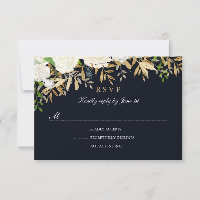 Réponse de mariage à l'aquarelle florale or marine (Devant)
