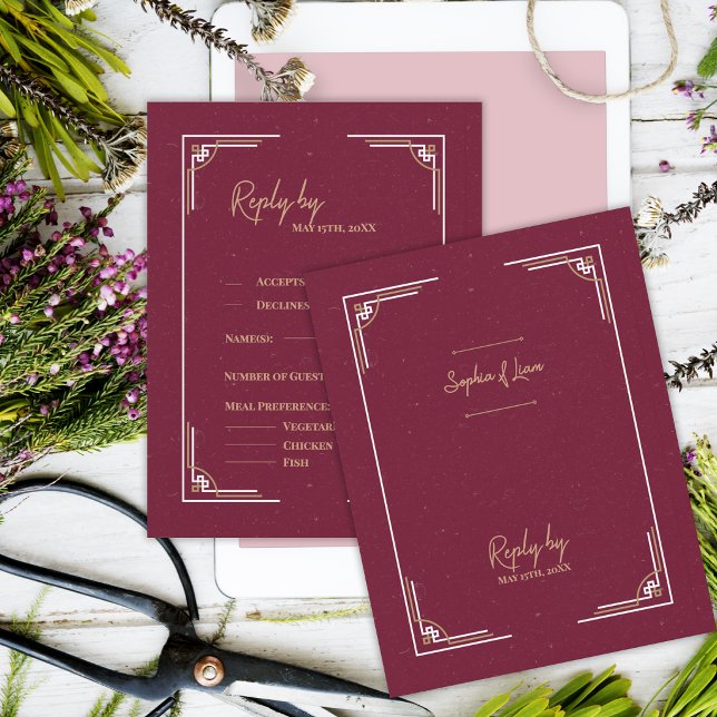 Réponse de mariage Art Déco or Bourgogne tenue de  (Burgundy Gold Art Deco RSVP Card Black Tie Wedding Response Card)