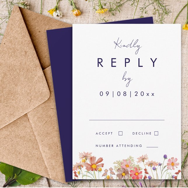 Réponse de mariage automnal bleu marine bohème fle (Wildflower boho navy blue terracotta burnt orange fall wedding invitation reply enclosure card rsvp)