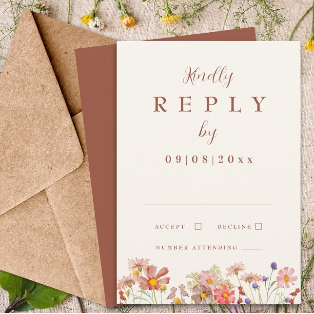 Réponse de mariage automnal en terre cuite aux fle (Wildflower boho terracotta burnt orange fall wedding invitation rsvp enclosure card)