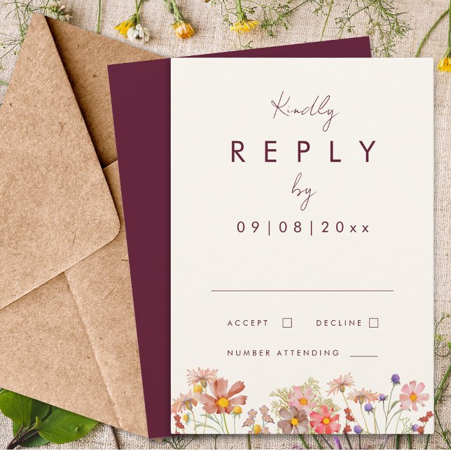 Réponse de mariage automnal en terre cuite de Bour (Wildflower boho burgundy terracotta fall wedding invitation reply enclosure card whimsical script)