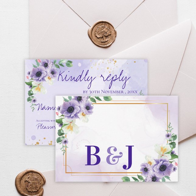 Réponse de mariage avec cadre doré floral blanc vi (Purple White Floral Gold Frame Wedding Reply By RSVP Card)