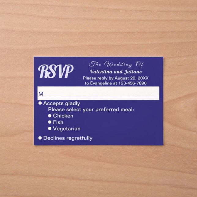 Réponse de mariage bleu foncé minimaliste (Typography style minimalist dark blue wedding RSVP card)