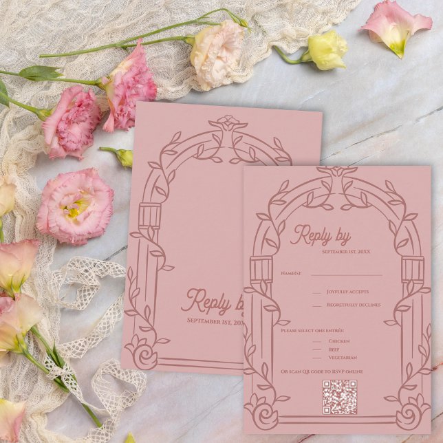 Réponse de mariage botanique à l'arche ornementale (Dusty Rose Ornate Arch Botanical Wedding RSVP Card with QR Code | Romantic Wedding Reply Card)