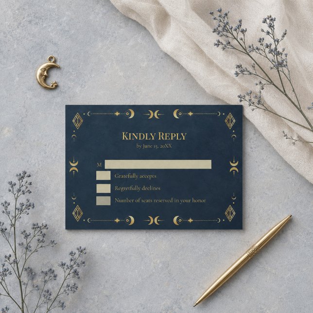 Réponse de mariage céleste gothique bleu minuit or (Celestial Gothic Midnight Blue Gold Wedding RSVP Card)