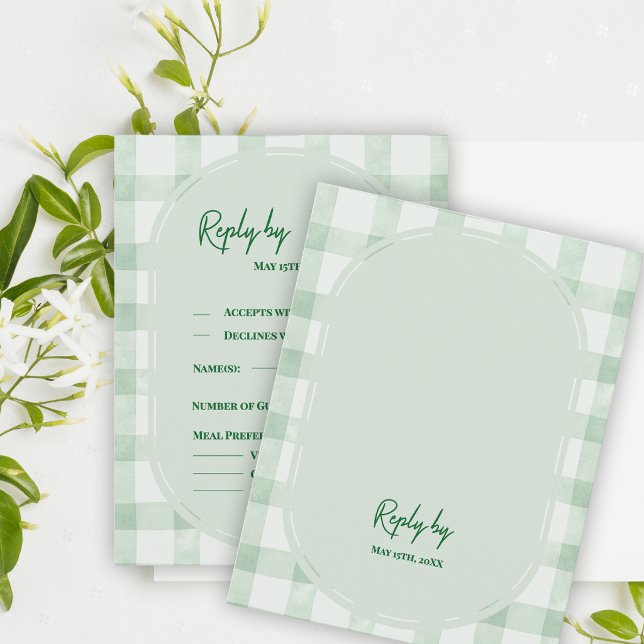 Réponse de mariage de fête de jardin en vichy vert (Sage Green Gingham RSVP Card | Garden Party Wedding Response Card)