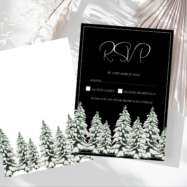 Réponse de mariage élégant dans une forêt de pins  (Winter Black and White Snowy Pine Trees Wedding RSVP Card)