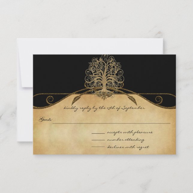 Réponse de mariage élégante arbre noir et or (Devant)