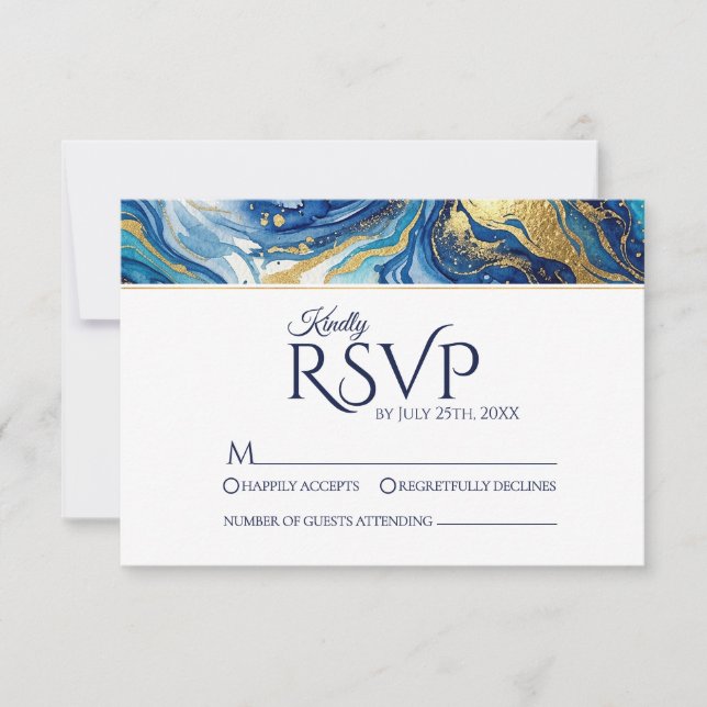 Réponse de mariage élégante Blue Gold Marble RSVP (Devant)