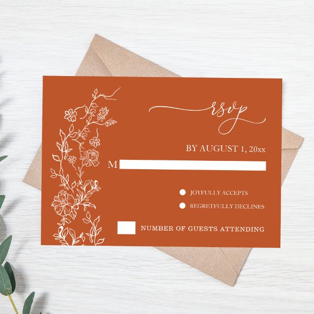 Réponse de mariage élégante en terre cuite vintage (Terracotta Wedding RSVP card with white florals)