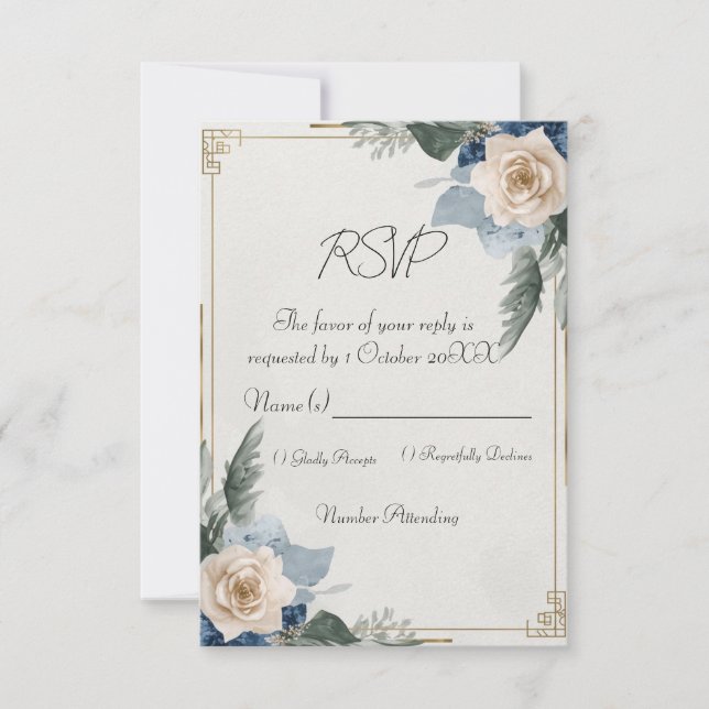 Réponse de mariage élégante florale bleu poussiére (Devant)