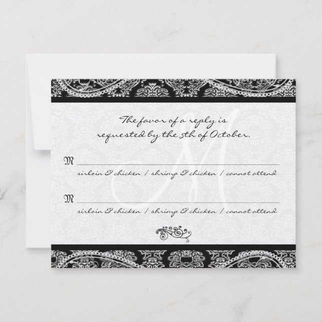 Réponse de mariage en damas noir monogrammé RSVP (Devant)